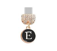 ELISE & FONDA TP57 Bouchon anti-poussière avec petit pendentif rond en forme de lettre E pour téléphone portable Samsung Galaxy/Huawei/OnePlus/Xiaomi/Oppo Noir, approx. 1.2 cm (H) x 1.2 cm (W) x 0.2 cm (D), Alliage de zinc, Strass