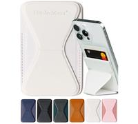 Elite Tech Gear Porte-cartes sécurisé pour téléphone avec support réglable - Compatible avec iPhone et Android - Étui de téléphone adhésif pour cartes - Cuir végétalien - Beige