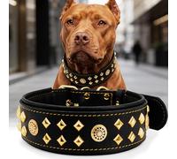 EliteGuard Collier en cuir pour chien de 5,6 cm de large, fait à la main, avec rivets et boucle en acier inoxydable, pour un usage quotidien pour les grands chiens, noir/doré, 45,5 à 56 cm
