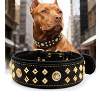 EliteGuard Collier pour chien en cuir, 5,6 cm de large, fait à la main, avec rivets et boucle en acier inoxydable, pour un usage quotidien pour les grands chiens, noir/doré, 54,5 à 65 cm