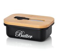 EliteHoff Beurrier en acier inoxydable avec couvercle en bambou et coupe-beurre, récipient à beurre 250 g, beurrier noir en métal avec couvercle en bois et couteau