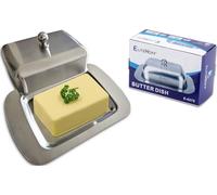 EliteHoff Beurrier en acier inoxydable avec couvercle, récipient à beurre avec poignée, 19 x 12 cm, pour 250 g de beurre (argenté)