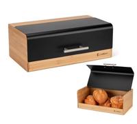 EliteHoff Boîte à pain en bambou et métal, boîte à pain rectangulaire env. 36 x 20 x 14 cm, boîte à pain avec couvercle à rabat, conservation du pain moderne, résistant aux aliments (Noir)