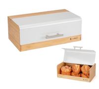 EliteHoff Boîte à pain en bambou et métal, boîte à pain rectangulaire env. 36 x 20 x 14 cm, boîte à pain avec couvercle à rabat, conservation du pain moderne, résistant aux aliments (Blanc)