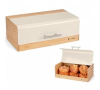 EliteHoff Boîte à pain en bambou et métal, boîte à pain rectangulaire environ 36 x 20 x 14 cm, boîte à pain avec couvercle à rabat, conservation du pain moderne, résistant aux aliments (Beige)