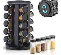 EliteHoff Carrousel à épices, Étagère à épices rotative en acier inoxydable, Tourniquet à épices ronde, Ensemble de pots à épices noir (20 pots)