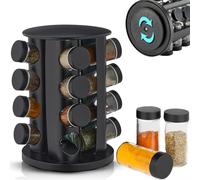 EliteHoff Carrousel à épices, Étagère à épices rotative en acier inoxydable, Tourniquet à épices ronde, Ensemble de pots à épices noir (16 pots)