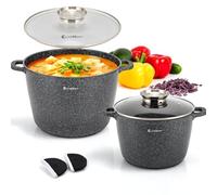 EliteHoff Casserole de Cuisson Antiadhésive avec Couvercle - Lot de 2 Pots à Soupe en Aluminium 24/28 cm (6,5 L + 10,2 L) Grandes Marbre Induction Marbre et Tous Les Types De Cuisinières (Noir)