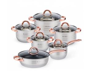 EliteHoff Ensemble de casseroles à induction, 7 couches en acier inoxydable, set de casseroles avec couvercles, poignées en or rose, pour tous les types de cuisinières (12 pièces)