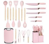EliteHoff Ensemble de couteaux de cuisine 19 pièces - Ustensiles en silicone avec poignées en bois, 5 couteaux, 12 accessoires de cuisine, planche à découper et support sans PFOA, passe au