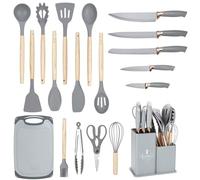 EliteHoff Ensemble de couteaux de cuisine 19 pièces - Ustensiles en silicone avec poignées en bois, 5 couteaux, 12 accessoires de cuisine, planche à découper et support sans PFOA, passe au