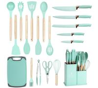 EliteHoff Ensemble de couteaux de cuisine 19 pièces - Ustensiles en silicone avec poignées en bois, 5 couteaux, 12 accessoires de cuisine, planche à découper et support sans PFOA, passe au