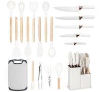 EliteHoff Ensemble de couteaux de cuisine 19 pièces - Ustensiles en silicone avec poignées en bois, 5 couteaux, 12 accessoires de cuisine, planche à découper et support sans PFOA, passe au