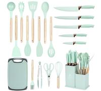 EliteHoff Ensemble de couteaux de cuisine 19 pièces - Ustensiles en silicone avec poignées en bois, 5 couteaux, 12 accessoires de cuisine, planche à découper et support sans PFOA, passe au
