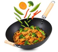 EliteHoff Wok à induction 30 cm, wok avec revêtement anti-adhésif, en acier au carbone avec manche en bois pour mélanger et rôtir, wok en acier au carbone avec fond plat pour tous feux (diamètre 30 cm