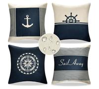 EliteHomeComforts Housse de Coussin 40 x 40, Housses de Coussin Bleu Blanc Exterieur Impermeable, Lot de 4 Housse Coussin Style Nautique Marin Decoration Maison, pour Deco Canapé Banc