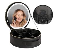 Elitzia Trousse de maquillage de voyage avec miroir LED - Petite trousse de maquillage ronde noire rechargeable et portable - Batterie de 2000 mAh - 3 scénarios de couleur - Séparateurs de luminosité