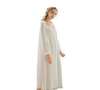 ELizoop Chemises de Nuit victoriennes Vintage pour Femmes à Manches Longues en Coton Pyjamas pour Femmes, Plus la Taille Princesse Chemise de Nuit vêtements de Nuit Sexy Robe de Salon (Blanc,L)