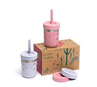Elk and Friends Lot de 2 gobelets en acier inoxydable pour enfants et tout-petits de 283,5 g | Les bocaux Mason originaux avec couvercles, manches + pailles | Tasses à smoothie | Résistant aux
