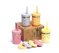 Elk and Friends Lot de 4 gobelets Mason originaux en acier inoxydable de 283,5 g pour enfants et tout-petits | Les bocaux Mason originaux avec couvercles, manches + pailles | Tasses à smoothie |