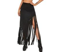 Ella Lust Jupe Longue Femme Franges - Érotique Sexy Ete Noire Couleur Unie Asymétrique Taille Haute Tenue pour Concert Vetement Festival Courte Disco Dance Coachella(Black,M,11162r)