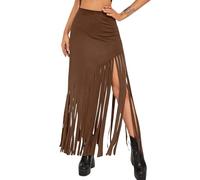 Ella Lust Jupe Longue Femme Franges - Érotique Sexy Ete Noire Couleur Unie Asymétrique Taille Haute Tenue pour Concert Vetement Festival Courte Disco Dance Coachella(DeepBrown,S,11162r)