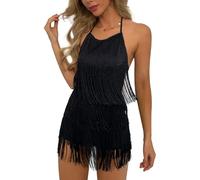 Ella Lust Robe sexy dos nu à franges - Tenue de cowgirl de concert de campagne occidentale pour femme, barboteuse Nashville à pompons, noir, X-Small