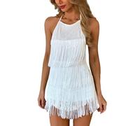 Ella Lust Robe sexy dos nu à franges - Tenue de cowgirl de concert de campagne occidentale pour femme, barboteuse Nashville à pompons, blanc, Taille S