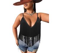 Ella Lust T Shirt Femme Grande Taille Franges - Col V Sexy Élégant Débardeur À Pompons Chemisier Tenue De Concert De Campagne Rodéo Blanc Crop Oversize Top(Black,2XL,107422r)