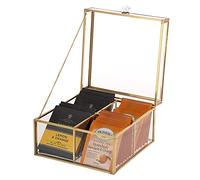 ELLDOO Boîte Rangement à sachets de thé en verre doré avec couvercle, boîte à bijoux de comptoir pour paquets de sucre, éponges de maquillage, bijoux, 4 compartiments, boîte en verre uniquement