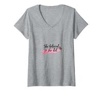 Elle a cru et a Fait Une Source d'inspiration pour l'émancipation des Femmes T-Shirt avec Col en V, Femme, Gris Chiné, S