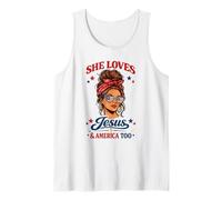 Elle Aime Jésus et l'Amérique trop 4 Juillet Messy Bun USA Débardeur