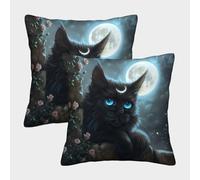 EllieAu Ensemble De 2 Pièces Housses De Coussin Chat Noir Taies d'oreiller Lune Fleurs Décoratives pour La Maison, Le Canapé, Le Jardin 40x40cm