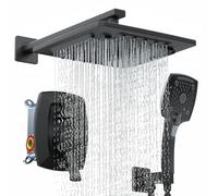ELLO&ALLO Ensemble de robinet de douche de salle de bain noir mat avec valve, pommeau de douche à effet pluie avec combo portatif