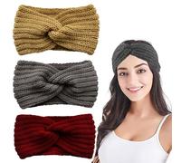 Ellxen Lot de 3 bandeaux d'hiver pour femme - Crochet - Tricot - Élastiques - Chauffe-oreilles - Pour fille - 4 couleurs (kaki, gris, rouge)