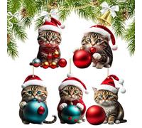 Ellxen Lot de 5 Pendentifs de Sapin de Noël en Forme de Chat - Acrylique 2D - Décoration Amusante pour Véranda, Couloir, Bureau - Vacances (5,A)