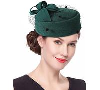 ELLYDOOR Chapeau bibi d'hiver en feutre de laine pour femme, chapeau de mariage, église, voile de fleurs (#01B vert)