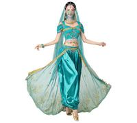 ELLYDOOR Costume de princesse Jasmine arabe pour femme, robe d'Halloween avec haut et pantalon, tenue 4 pièces, 36jasmin bleu, Small