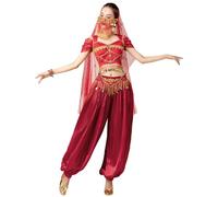ELLYDOOR Costume de princesse Jasmine arabe pour femme, robe d'Halloween avec haut et pantalon, tenue 4 pièces, 31Wine Red, Small