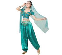 ELLYDOOR Costume de princesse Jasmine arabe pour femme, robe d'Halloween avec haut et pantalon, tenue 4 pièces, 31Jasmin Bleu, Small