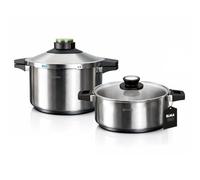 ELMA Autocuiseur Prêst Ø24 cm | Acier Inoxydable 18/10, Fond Encapsulé Compatible Induction, 2 Modes de Cuisson, Triple Système de Sécurité, Couvercle en Verre Inclus (4 + 6 Litres)