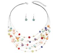 Elnwnnkc Ensemble de bijoux en perles multicolores, collier et boucles d ' oreilles festifs pour femmes, ensemble de bijoux avec perles de multicouches, boucles d ' oreilles tendance