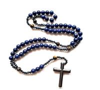 Elnwnnkc Le collier élégant en forme de croix de perles en pierre bleue améliore votre look avec des bijoux élégants, chapelet, prière, collier religieux coloré pour