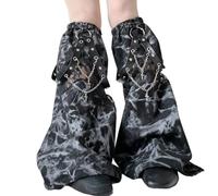 Elnwnnkc Sous-cultures Pour Femmes Punk Mesh Splicing Tie Dye Jambières Oeillets Sangle En PU Chaîne Évasée Baggy Couvre-pieds Chaussettes Longues De Rue Accessoires De Jambe
