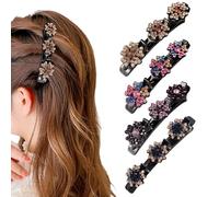 ELNX Lot de 4 Barrettes à Cheveux tressées en Forme de trèfle à Cinq Feuilles, avec Pierres en Cristal Scintillantes, Strass, Double Couche, pour Femmes et Filles