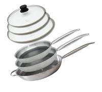 Elo 9350550 Lot de 3 Poêles 24, 28 et 32 cm en Acier Inoxydable 18-10 avec Couvercles, sans PFAS, Antiadhésive, Induction, Revêtement Antiadhésif sans PFAS, Inox, Aluminium, Gris Alu, 24, 28 et 32 cm