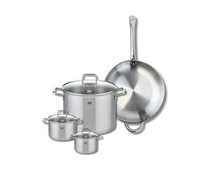 ELO 9500150 Batterie de cuisine 4 pièces, Set de 1 Poêle de cuisson 32 cm et 3 faitouts 12, 14 et 26 cm Elo Profi Citrin, inox, induction