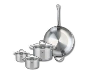 ELO 9500250 Batterie de cuisine 4 pièces, Set de 1 Poêle de cuisson 32 cm et 3 faitouts 12, 16 et 20 cm Elo Profi Citrin, inox, induction