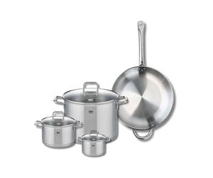 ELO 9500350 Batterie de cuisine 4 pièces, Set de 1 Poêle de cuisson 32 cm et 3 faitouts 12, 16 et 26 cm Elo Profi Citrin, inox, induction