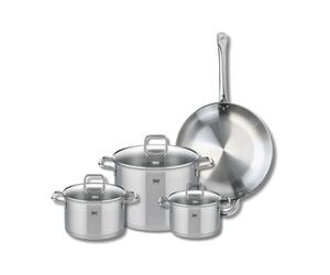 ELO 9500850 Batterie de cuisine 4 pièces, Set de 1 Poêle de cuisson 32 cm et 3 faitouts 16, 20 et 26 cm Elo Profi Citrin, inox, induction, Gris Cendré